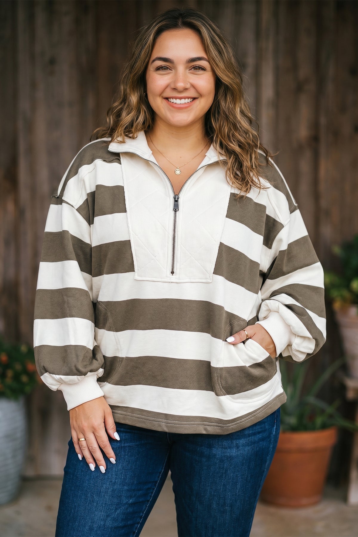 Green Stripe Half-Zip Sweatshirt