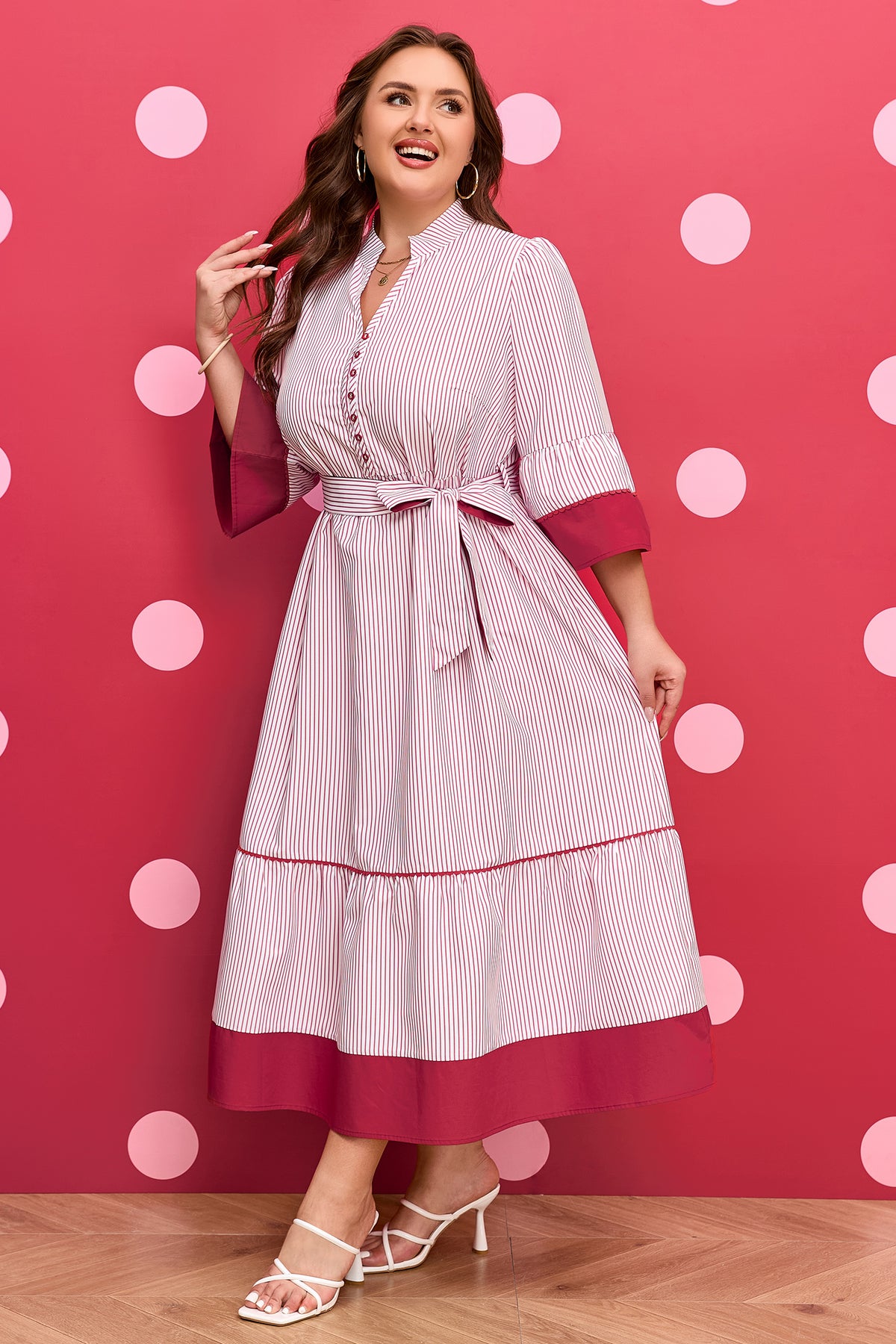 Red Stripe Ruffle-Hem Midi Dress