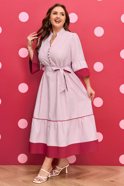 Red Stripe Ruffle-Hem Midi Dress