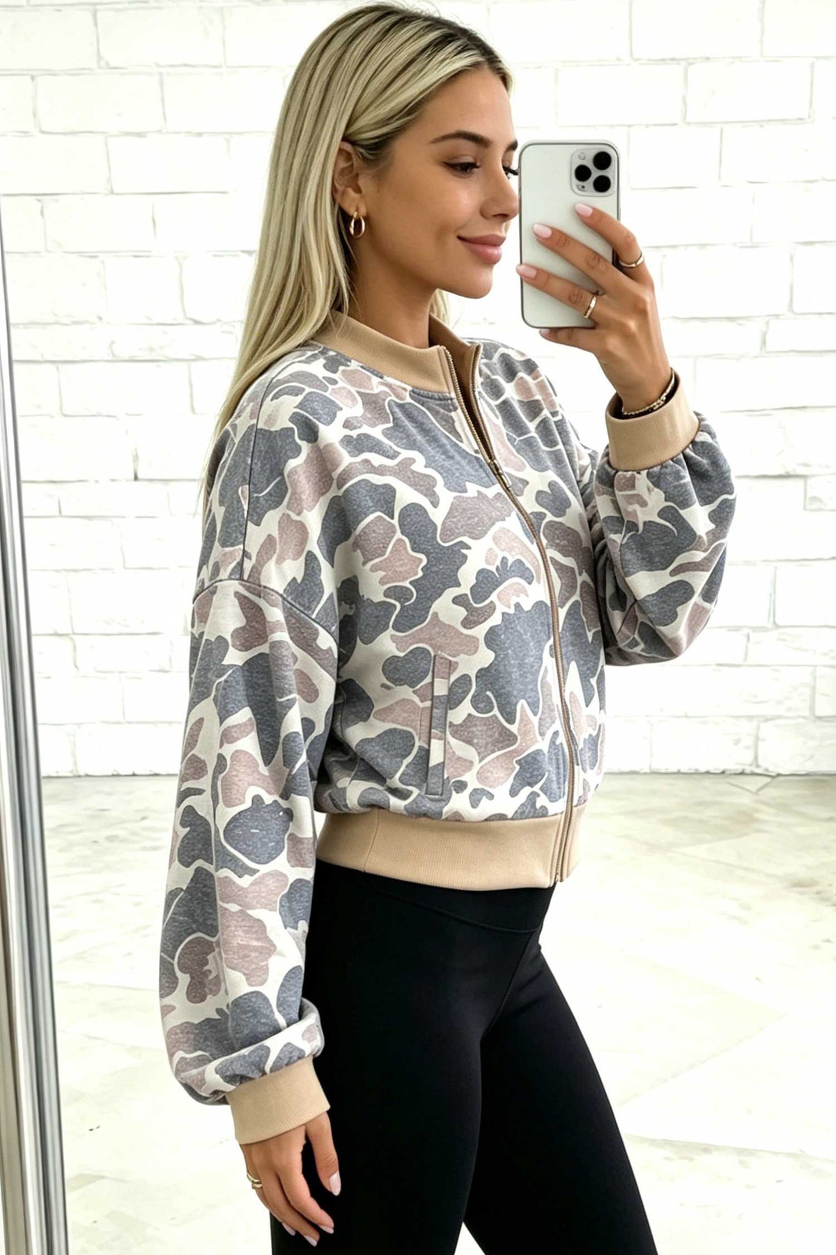 Camo Colorblock Zip Bomber Sweatshirt
