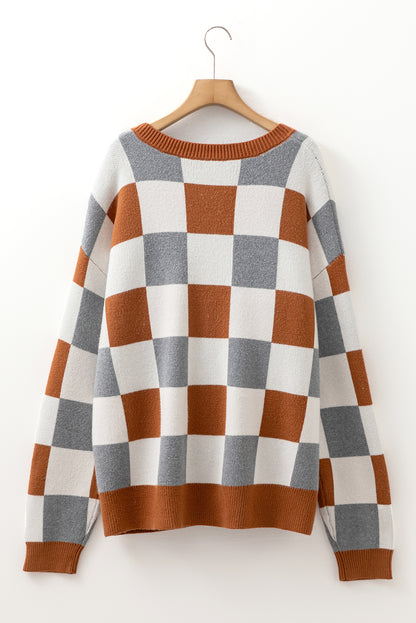 Brown Checkered Crewneck Sweater