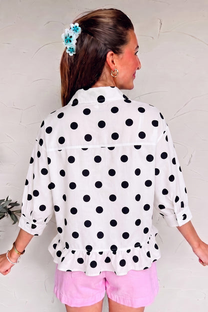 Polka Dot Print Three Quarter Sleeve Ruffle Hem Shirt