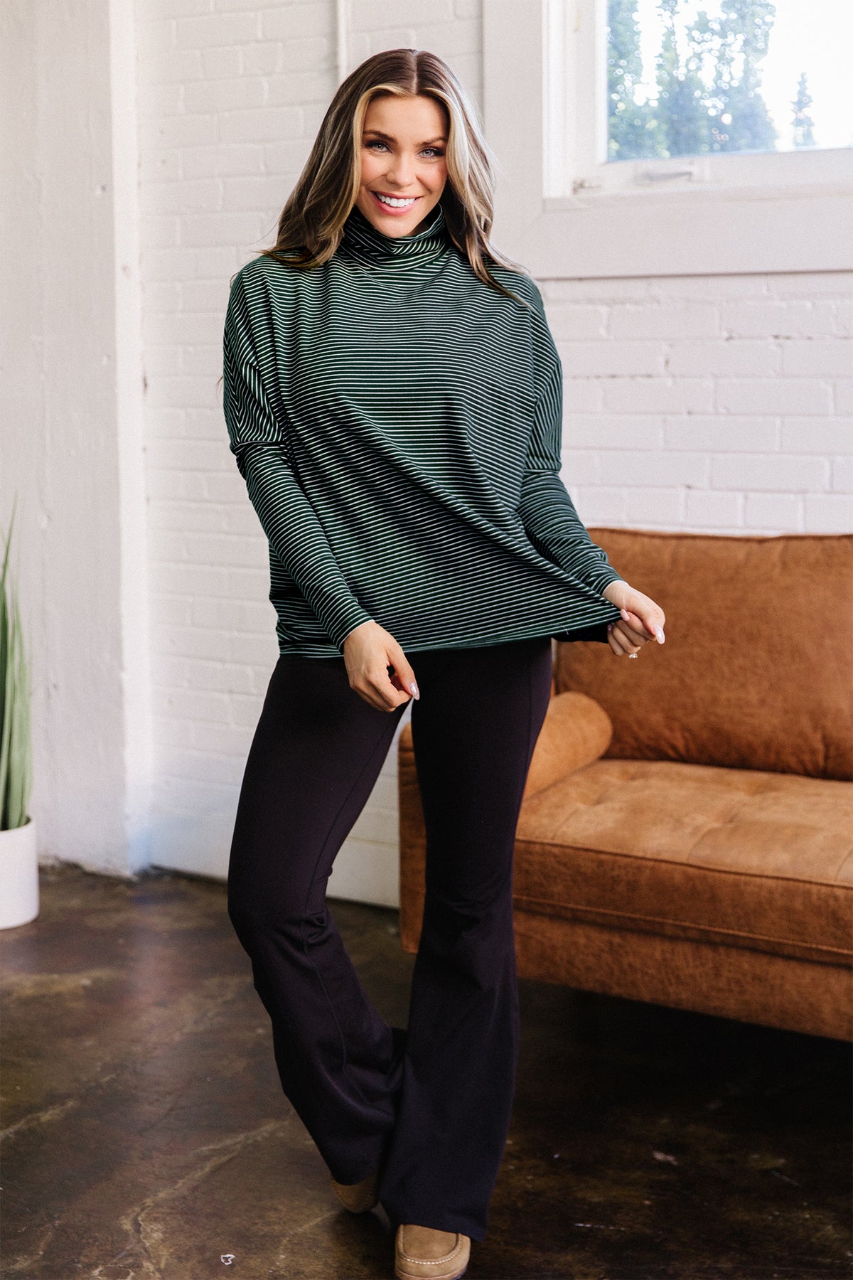 Striped High-Neck Drop-Shoulder Top