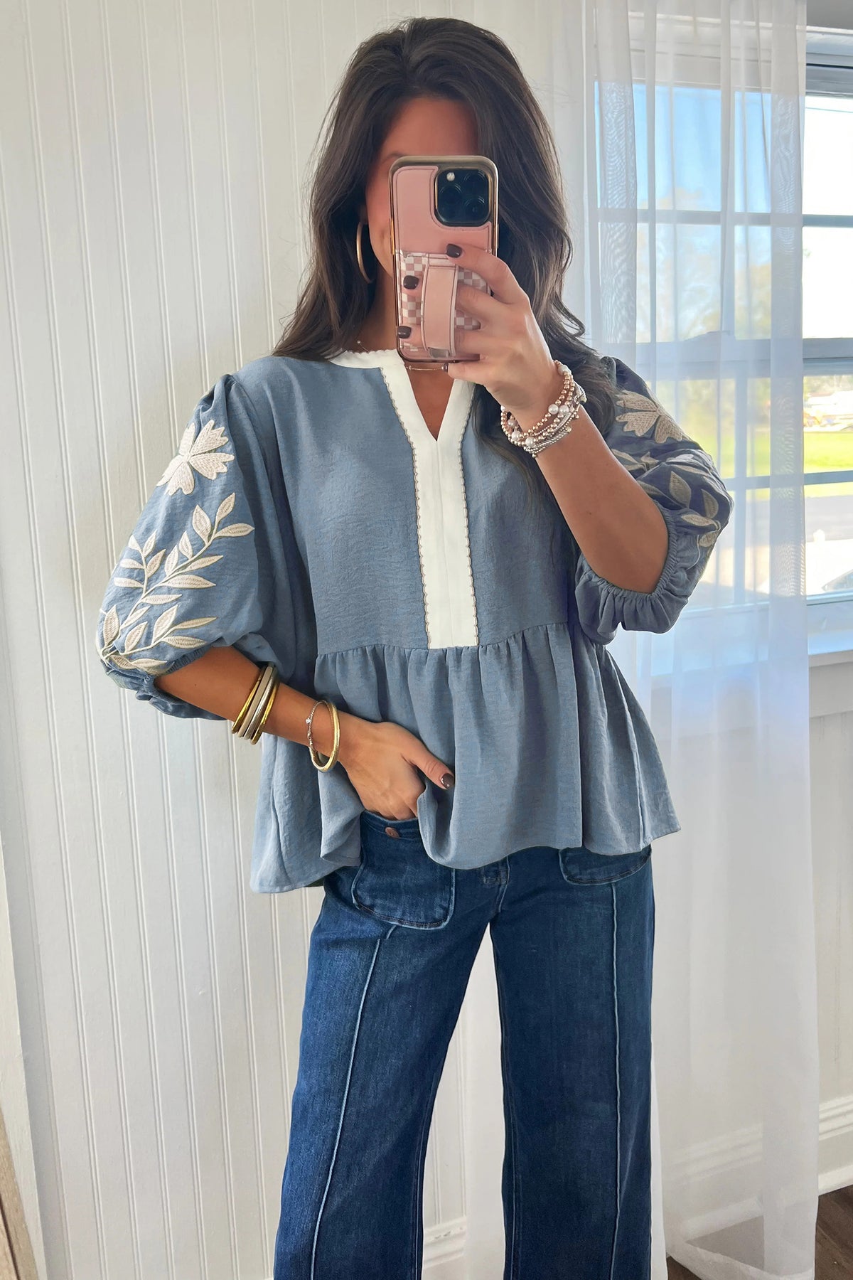 Embroidered Puff-Sleeve Babydoll Blouse