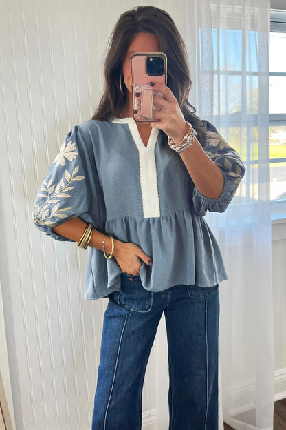 Embroidered Puff-Sleeve Babydoll Blouse