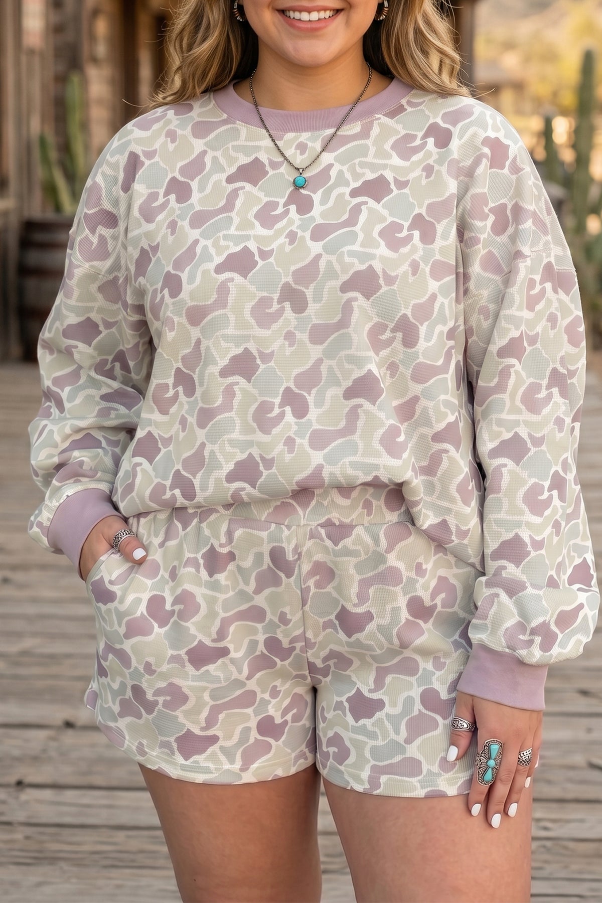 Plus Size Camo Waffle Shorts Set