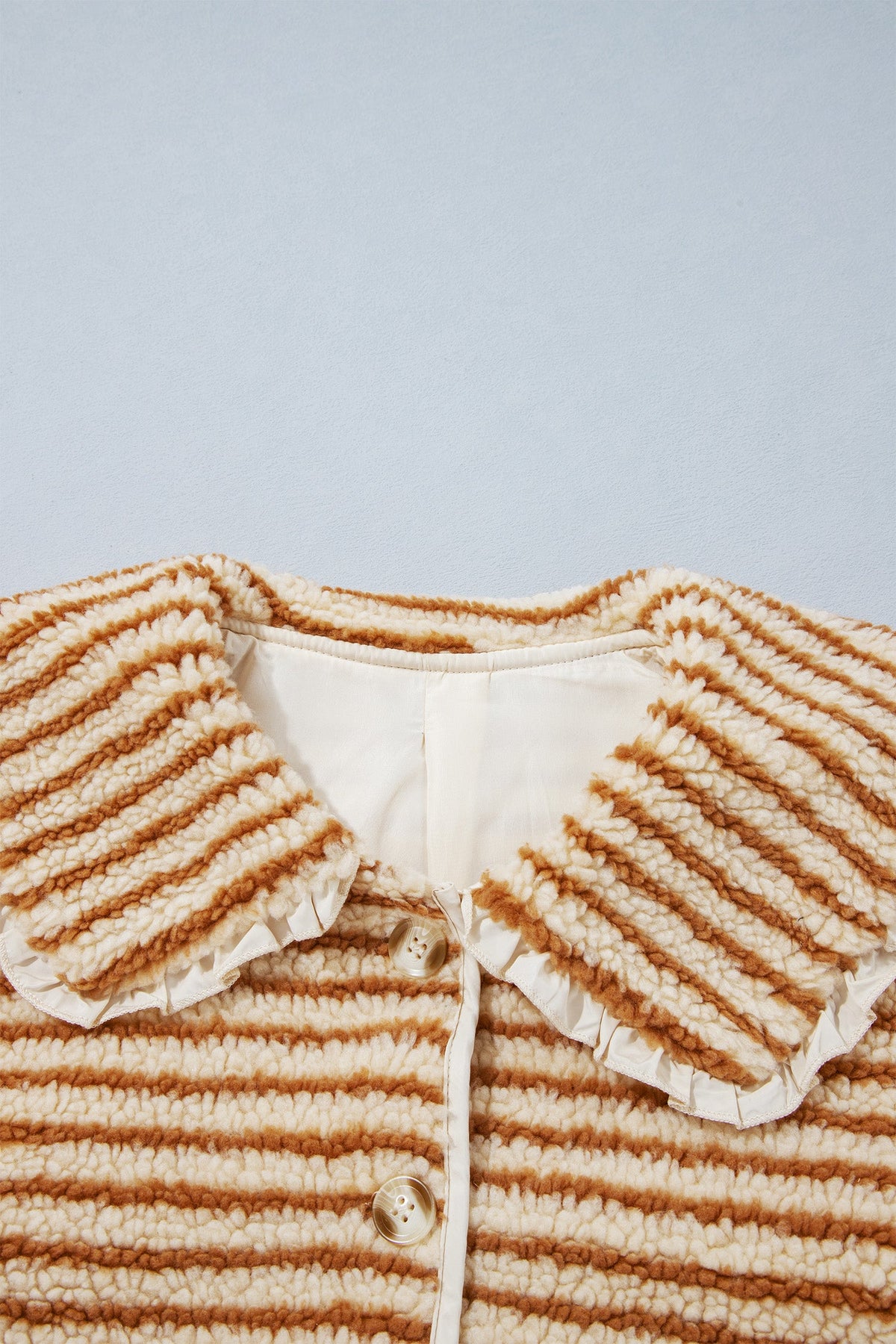 Brown Stripe Ruffle Collar Fleece Jacket