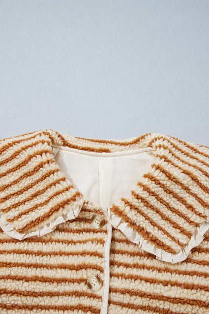 Brown Stripe Ruffle Collar Fleece Jacket