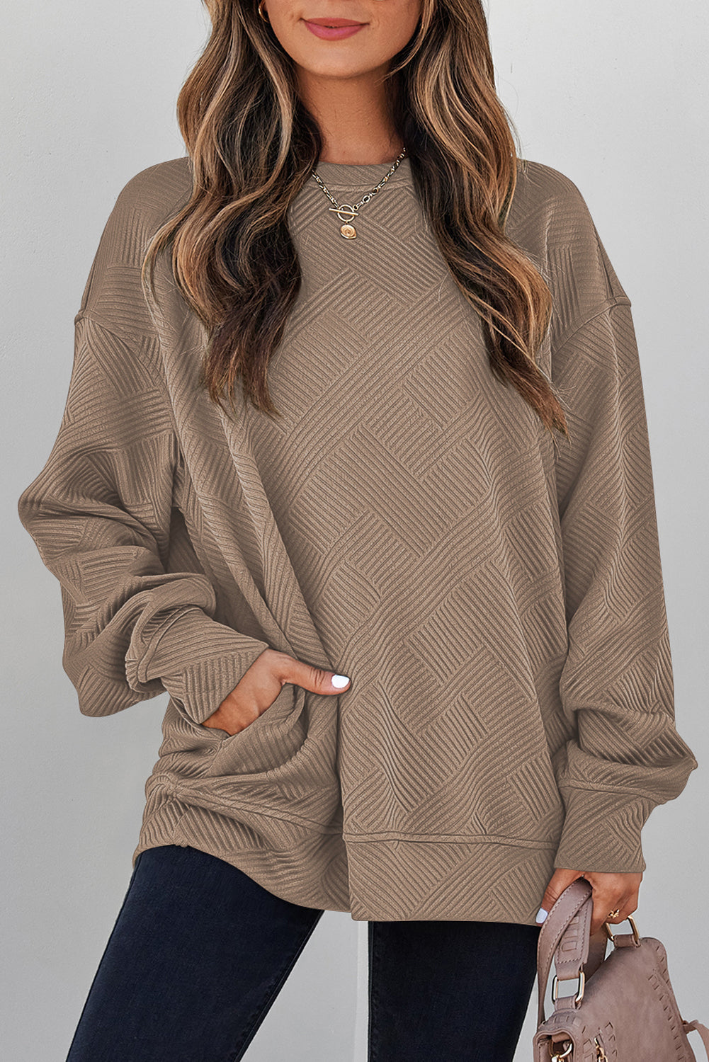 Textured Round Neck Drop Shoulder Pullover Sweatshirt