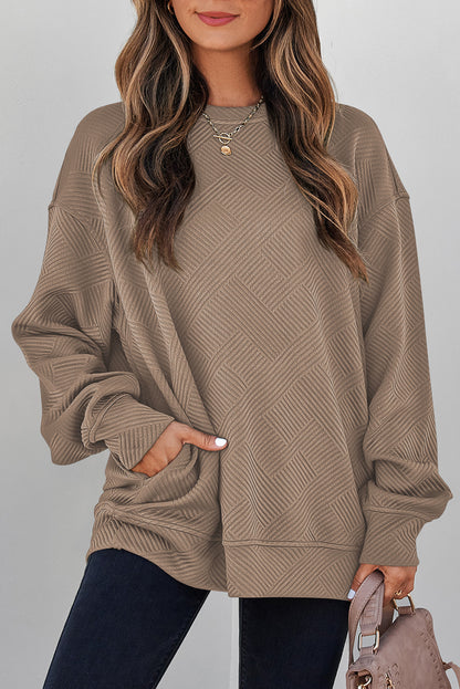 Textured Round Neck Drop Shoulder Pullover Sweatshirt