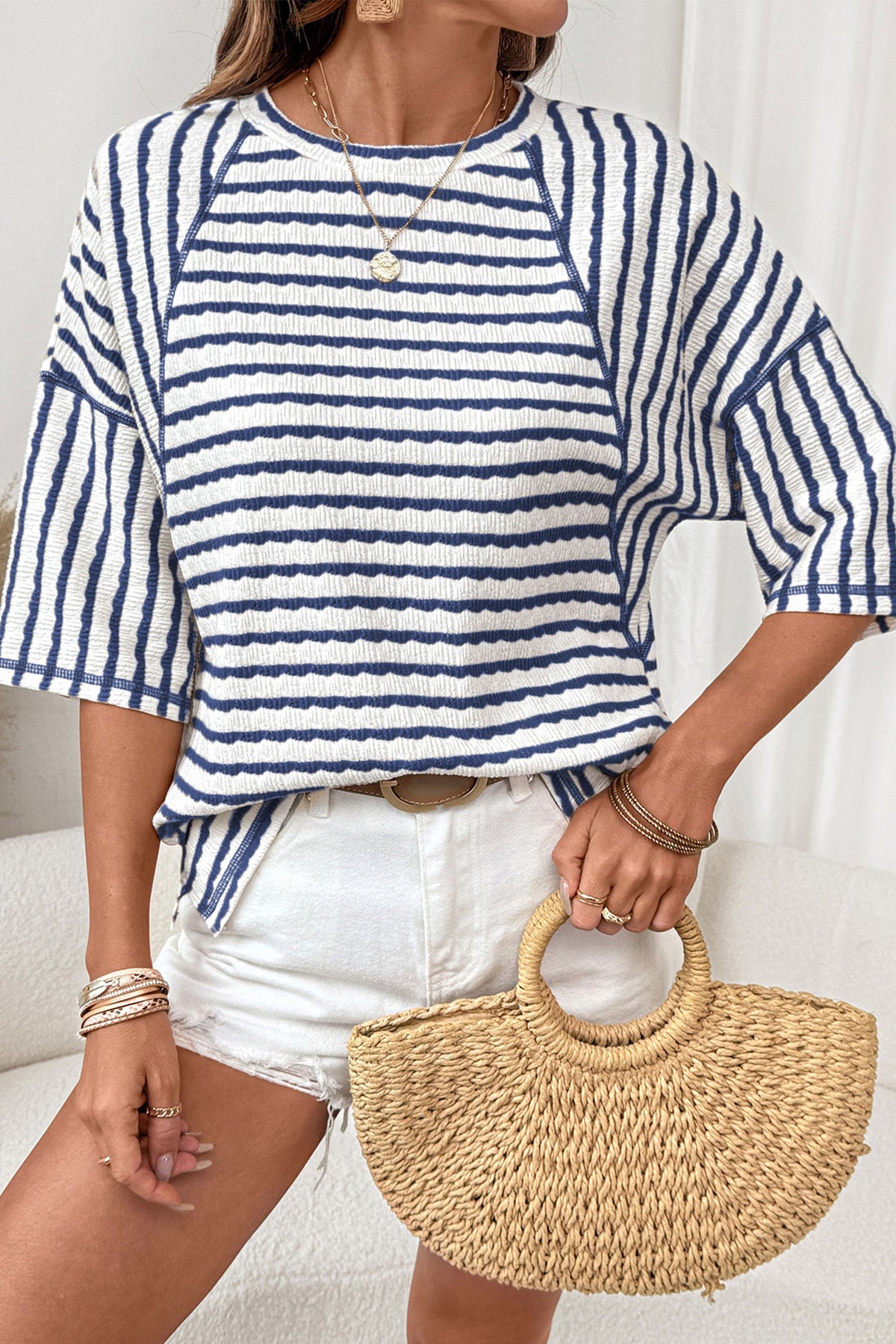 Textured Knit Split Hem Half Sleeve Loose Top