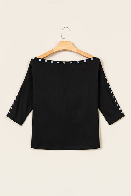 Solid Buttoned Off Shoulder 3/4 Sleeve Top