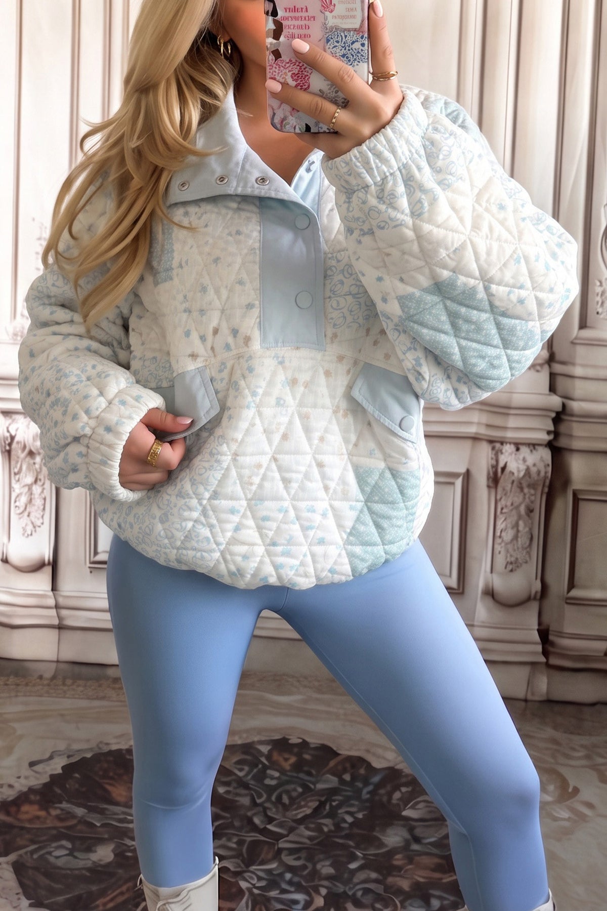 Quilted Floral Half-Button Sweatshirt