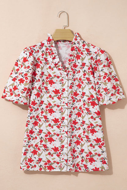 Floral Puff-Sleeve Button-Up Shirt