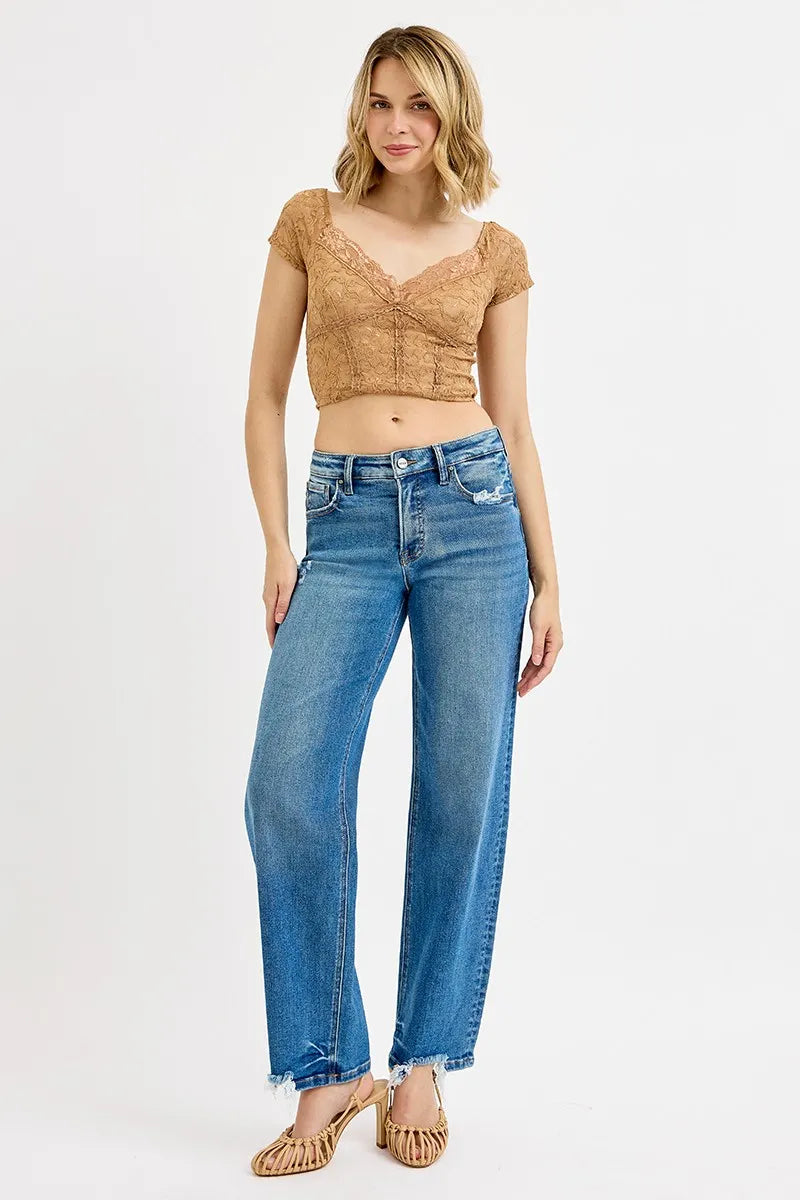 RISEN Mid Rise Raw Hem Baggy Jeans