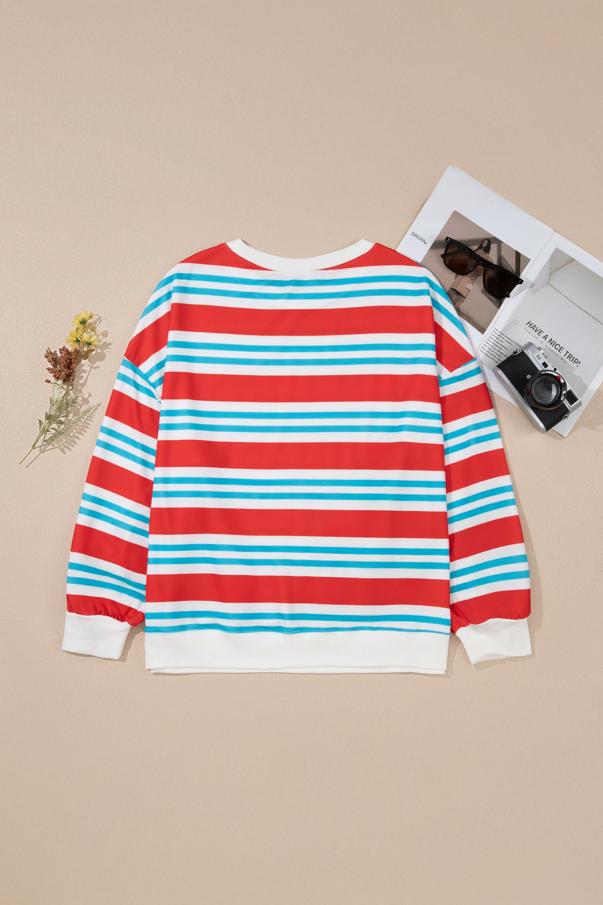 Red Stripe Striped Colorblock Long Sleeve Round Neck Tunic Plus Size Sweatshirt