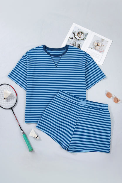 Blue Stripe Plus Size Dropped Shoulder Tee and Shorts Two-Piece Set