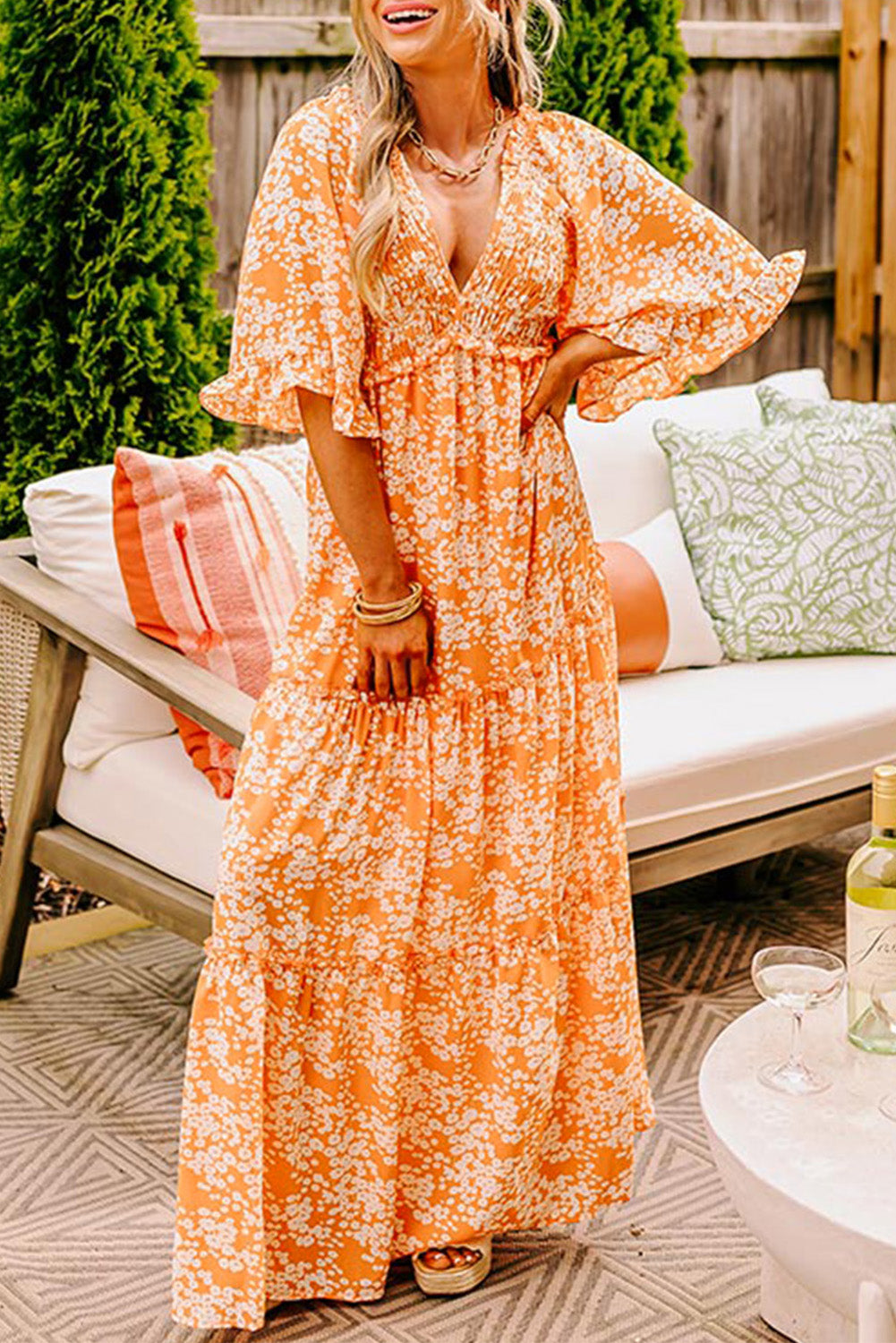 Sunset Floral Smocked Maxi Dress