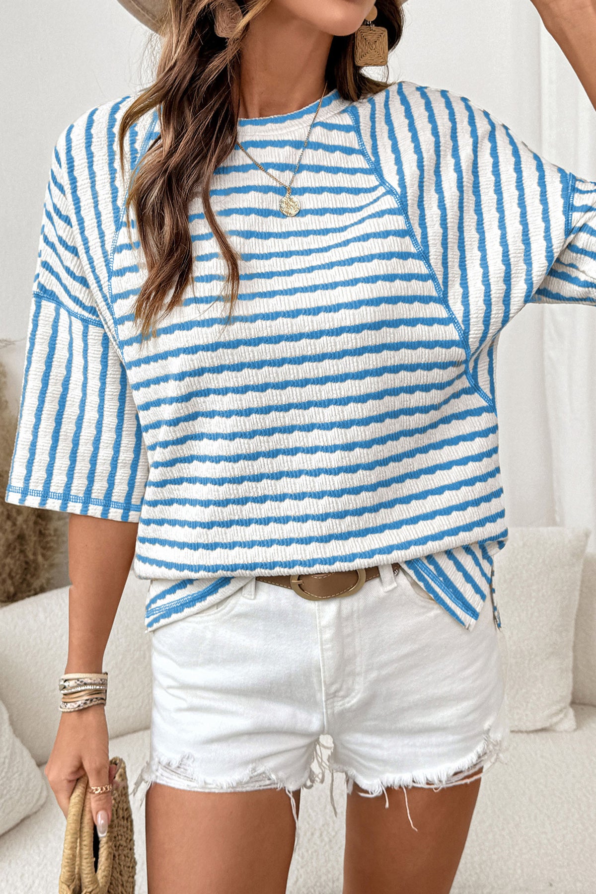 Textured Knit Split Hem Half Sleeve Loose Top