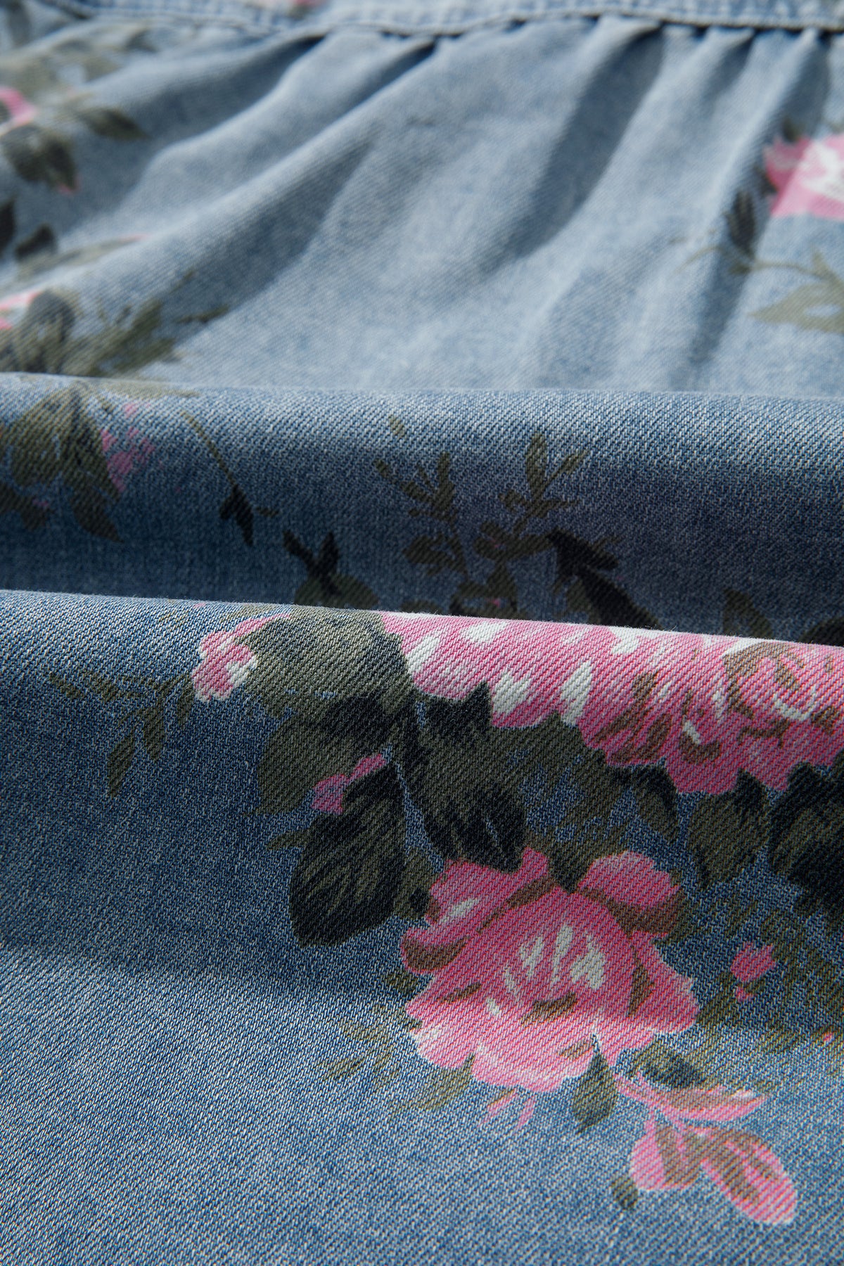 Floral Denim Bracelet-Sleeve Shirt