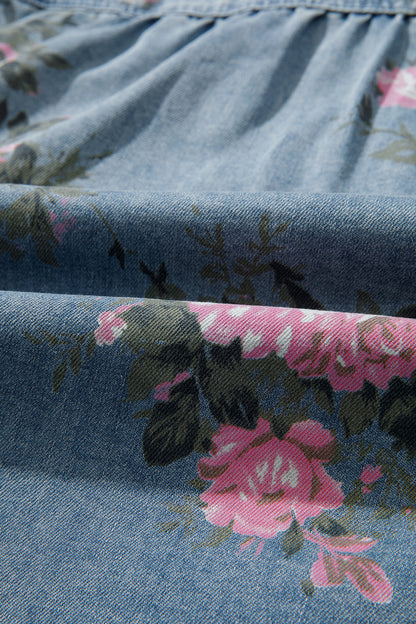 Floral Denim Bracelet-Sleeve Shirt
