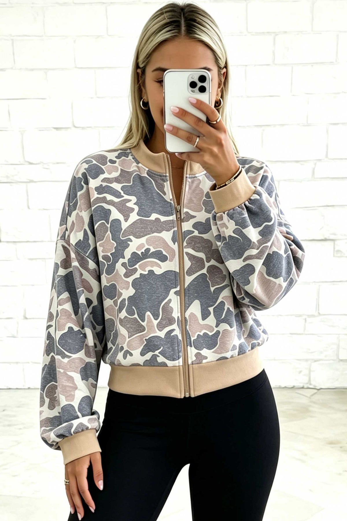 Camo Colorblock Zip Bomber Sweatshirt