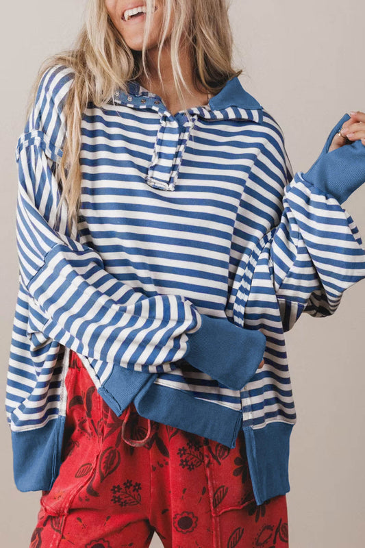 Stripe Raw Seam Pullover Sweatshirt