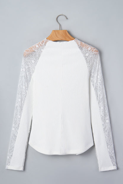 Solid Sheer Lace Long Sleeve Ribbed Knit Top