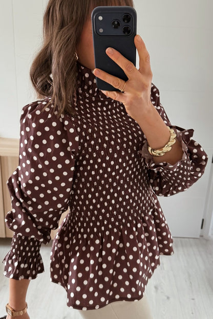Polka Dot Ruffle-Neck Blouse