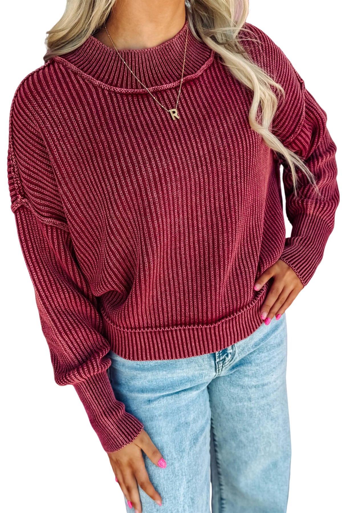 Red Dahlia Ribbed High-Neck Sweater