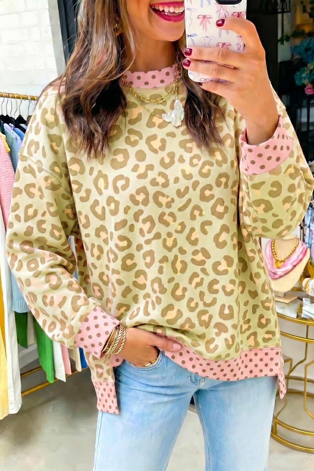 Leopard Polka Dot Colorblock Trim Long Sleeve Top