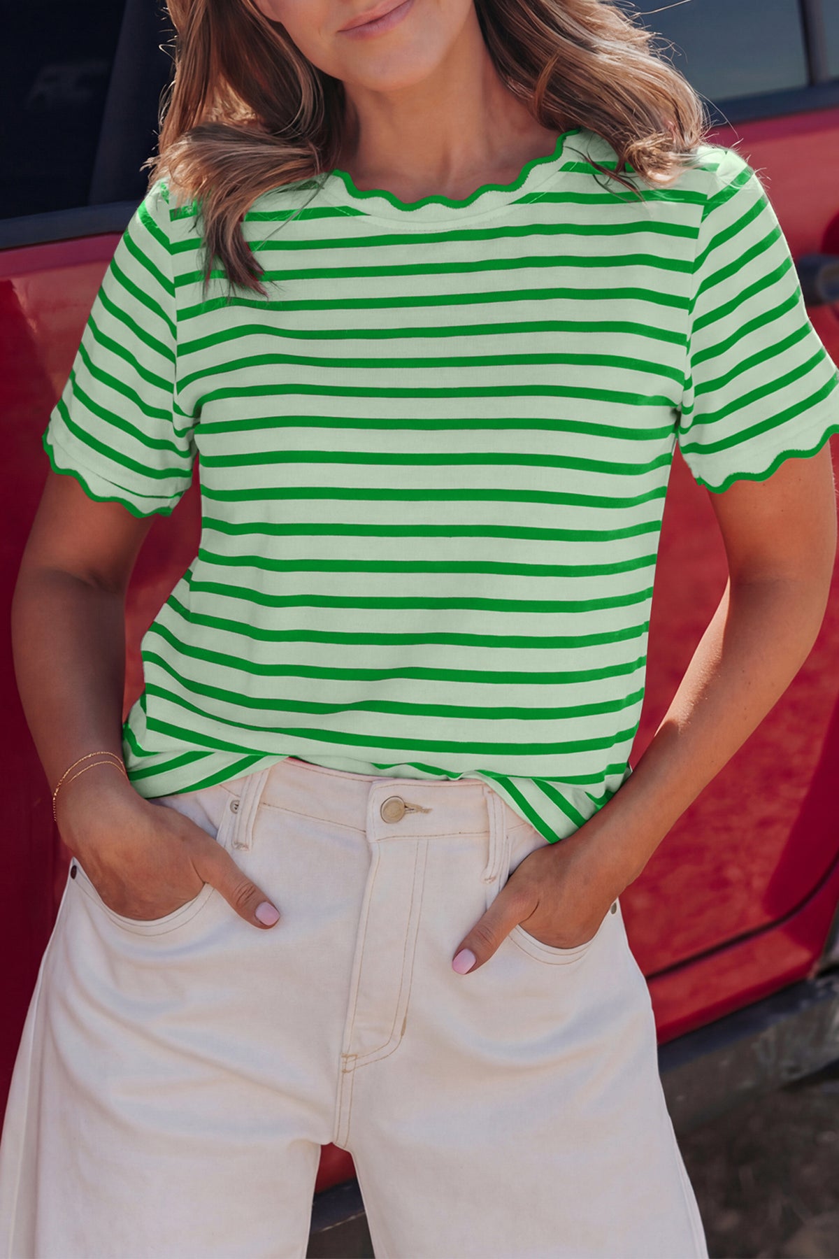 Scalloped Trim Round Neck T Shirt