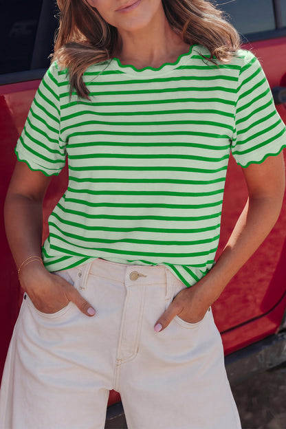 Scalloped Trim Round Neck T Shirt