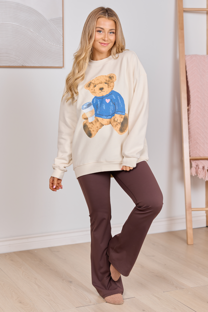 Vintage Teddy Bear Heart Sweater Cream Oversized Graphic Sweatshirt