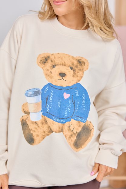 Vintage Teddy Bear Heart Sweater Cream Oversized Graphic Sweatshirt