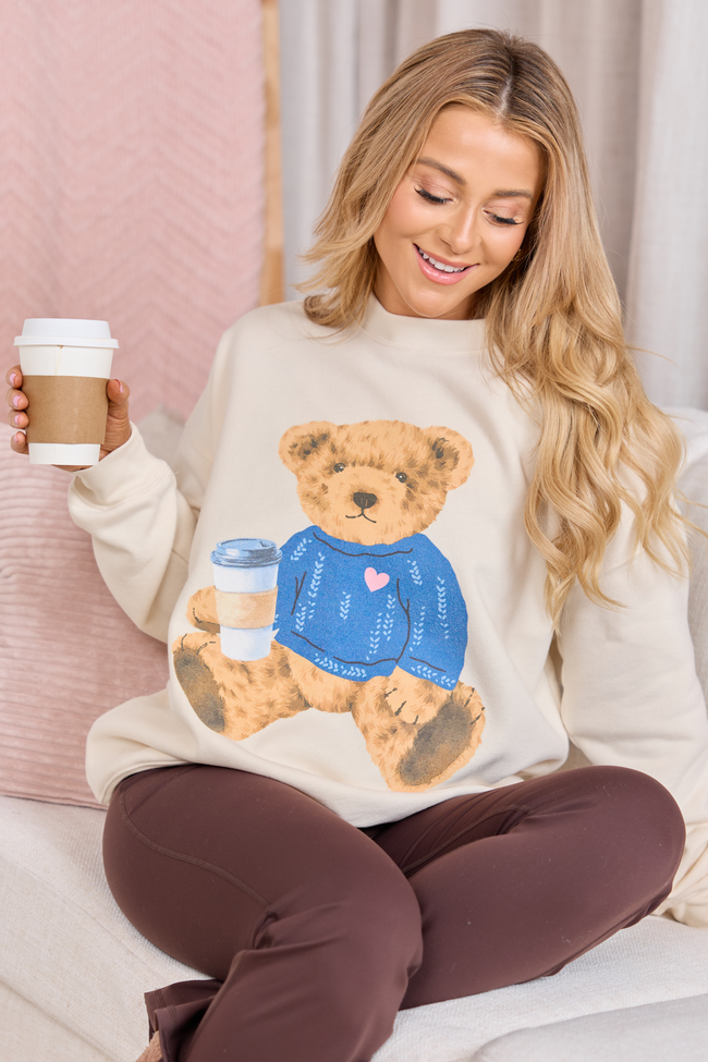 Vintage Teddy Bear Heart Sweater Cream Oversized Graphic Sweatshirt