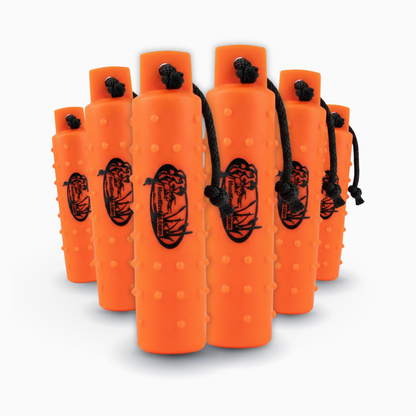 HuntEmUp Large 3-Inch Plastic Dog Training Bumpers with Throw Rope and Air Valve – Orange 6 Pack